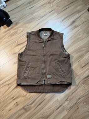 C.E. Schmidt Men's Brown Sherpa Lined Full Zip Vest Pockets Band Collar L